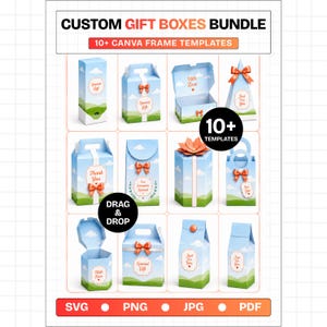 May include: A digital bundle of custom gift box templates featuring a sky blue and green landscape design with orange ribbons. The graphic includes the text CUSTOM GIFT BOXES BUNDLE, 10+ CANVA FRAME TEMPLATES, 10+ TEMPLATES, DRAG & DROP, SVG, PNG, JPG, PDF.
