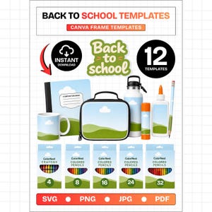 May include: Back to School Templates Canva frame templates featuring 12 templates with a landscape design of green hills and blue sky. Includes a composition book, mug, lunch bag, water bottle, glue stick, glue bottle, pencil, and crayon boxes.