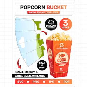 May include: A digital template for a popcorn bucket featuring Canva frame templates, three sizes, and drag and drop functionality. The graphic displays a red and orange popcorn bucket filled with popcorn, alongside a flat blue layout guide.