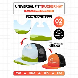 May include: Universal fit trucker hat Canva frame templates featuring two panels, drag and drop functionality, and instant download. Includes SVG, PNG, JPG, and PDF file formats. The graphic displays a hat with a landscape print and an orange hat.