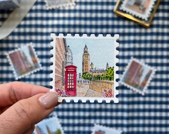 Mini Londense postzegelafdruk | Kleine aquarel kunstprint | Londense muurdecoratie | Reisillustratie (5,4 x 5,4 cm)