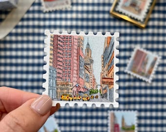 Mini New York postzegelprint | Kleine aquarel kunstprint | New York muurdecoratie | Reisillustratie | Gele taxi kunst (5,4 x 5,4 cm)