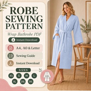 Może przedstawiać: Jasnoniebieski szlafrok o waflowej fakturze z długimi rękawami, wiązanym paskiem i dwiema przednimi kieszeniami. Tekst zawiera ROBE SEWING PATTERN, Wrap Bathrobe PDF, Instant Download, A4, A0 & Letter, Sewing Guide oraz SIZES XS, S, M, L, XL, 2XL, 3XL.