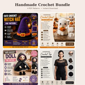May include: A digital bundle of four crochet PDF patterns featuring a purple witch hat, a white ghost holding a pumpkin, a doll in a black hooded cloak, and a black short-sleeved top with a web-like pattern, all displayed with text details.