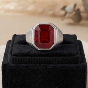 Bague chevalière en argent sterling 925 avec rubis taille émeraude, bijou astrologique audacieux pour homme