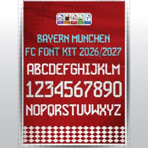 Può includere: Un kit di font digitali per il Bayern Munchen FC 2026/2027 con caratteri alfanumerici bianchi su sfondo rosso a griglia. Il design include un bordo a forma di rombi nella parte inferiore e icone di formato file per SVG, AI, PDF, PNG e OTF.