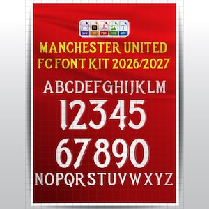 May include: A digital font kit for Manchester United FC 2026/2027 featuring yellow text on a red grid background. The set includes white uppercase letters A through Z and numbers 0 through 9, with file format icons for SVG, AI, PDF, PNG, and OTF.