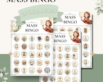 Tarjetas de bingo de la misa católica para niños / Actividad sensorial, 26 juegos imprimibles (descarga digital)