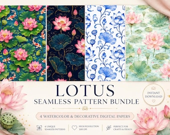 Lotus Seamless Pattern Bundle, 4 Watercolor Asian Floral Digital Papers with Koi and Chinoiserie