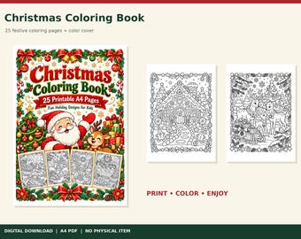 Christmas Coloring Book, 25 A4 Pages, Santa, Snowmen, Festive Scenes (PDF Download)