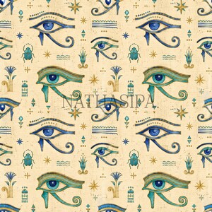 May include: A repeating pattern on a light beige background featuring the Eye of Horus in blue and gold, turquoise scarab beetles, lotus flowers, and small gold stars. The text NATHASIPA is centered in the middle of the image in black letters.