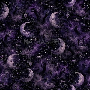 May include: A dark purple fabric pattern featuring repeating illustrations of crescent moons with faces, human eyes, reaching hands, ornate iron gates, and small heart-shaped charms amidst swirling clouds and stars. The text NATHASIPH is visible.