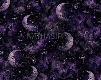 Nightmare Seamless Pattern, Gothic Moon Digital Paper, Dark Celestial Purple Pattern, Witchy Halloween Background