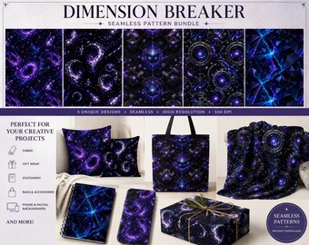 Cosmic Dimension Seamless Pattern Bundle, Purple Galaxy, Dark Fantasy Digital Paper (Digital Download)