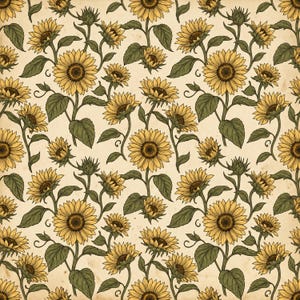 May include: A repeating pattern featuring yellow sunflowers with dark brown centres and green leaves on a light beige background. The illustration style uses fine black outlines to define the petals, stems, and foliage, creating a botanical design.