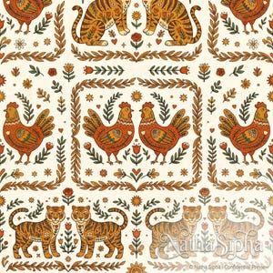 Motivo senza cuciture con animali folk, design boho con tigre e gallina, carta digitale floreale rustica, stampa su tessuto cottagecore