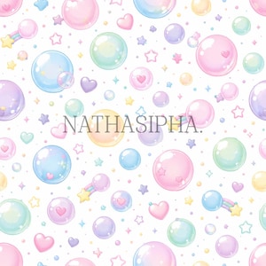 May include: A repeating pattern on a white background featuring translucent pastel bubbles in shades of pink, blue, green, and yellow, interspersed with small stars, hearts, and rainbow motifs. The text NATHASIPHA is centred in the image.