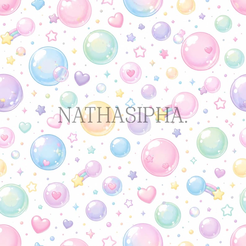 May include: A repeating pattern on a white background featuring translucent pastel bubbles in shades of pink, blue, green, and yellow, interspersed with small stars, hearts, and rainbow motifs. The text NATHASIPHA is centred in the image.