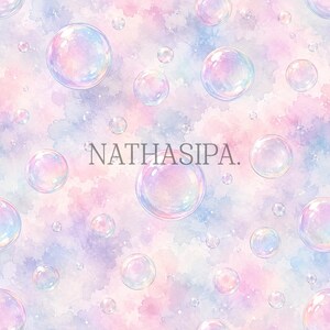 May include: A repeating pattern of translucent, iridescent bubbles in various sizes set against a soft, blended watercolour background of pastel pink, blue, and purple hues. The text NATHASIPA. is centred in dark grey, sans-serif capital letters.