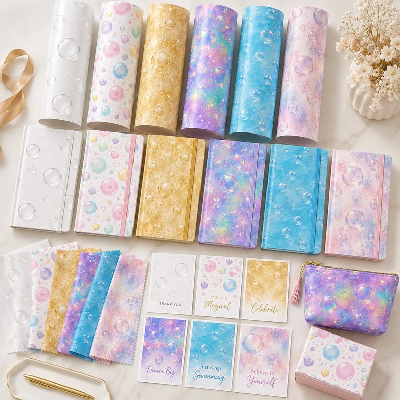 May include: A collection of stationery items featuring bubble and galaxy patterns in pastel and vibrant colours. Includes six cylindrical rolls, six rectangular notebooks with elastic bands, six patterned cloths, six small cards with text, and a zippered pouch.
