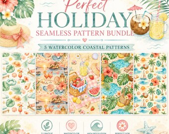Beach Vacation Seamless Pattern Bundle, 5 Watercolor Tropical Digital Papers