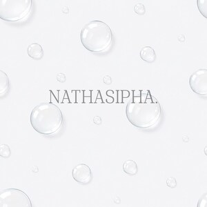May include: A white background featuring a repeating pattern of transparent, spherical water droplets of varying sizes. The text NATHASIPHA. is printed in a dark grey, sans-serif font across the centre of the image among the bubbles.