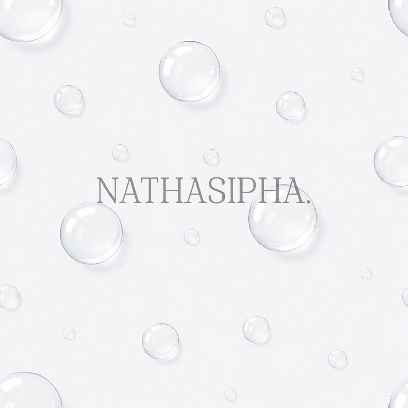 May include: A white background featuring a repeating pattern of transparent, spherical water droplets of varying sizes. The text NATHASIPHA. is printed in a dark grey, sans-serif font across the centre of the image among the bubbles.