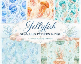 Watercolor Jellyfish Seamless Pattern Bundle, 5 Ocean Digital Papers, Coastal Marine Sea Life Backgrounds