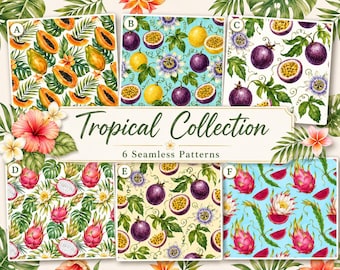 Tropical Fruit Watercolor Seamless Patterns Bundle (6 Designs)