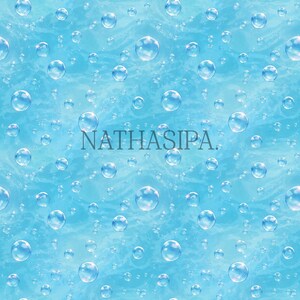 May include: A digital pattern featuring numerous translucent water bubbles of varying sizes scattered across a bright blue, rippled aquatic background. The text NATHASIPA. is centred in the middle of the image in a simple, dark grey font.