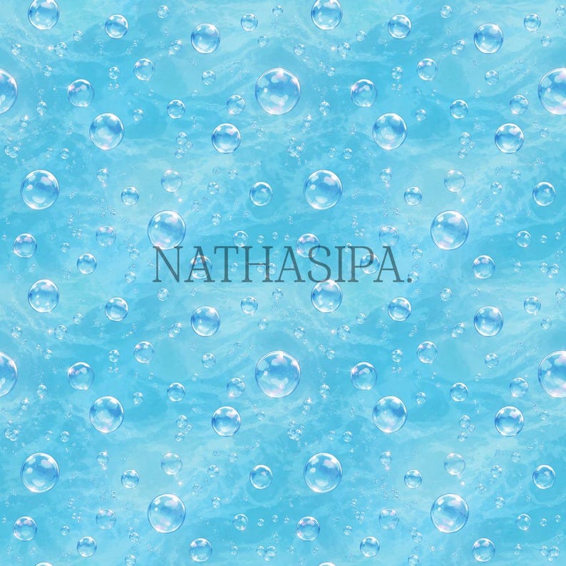 May include: A digital pattern featuring numerous translucent water bubbles of varying sizes scattered across a bright blue, rippled aquatic background. The text NATHASIPA. is centred in the middle of the image in a simple, dark grey font.