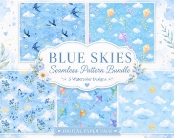 Watercolor Blue Skies Seamless Patterns, Clouds, Kites, Birds (Digital Download)