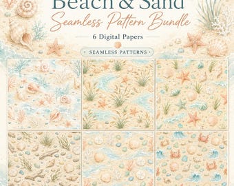 Beach Sand Seamless Pattern Bundle, Watercolor Coastal Digital Paper (6 PNG)