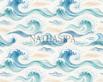 Watercolor Ocean Waves Seamless Pattern, Coastal Digital Paper, Blue Sea Fabric & Wallpaper Design