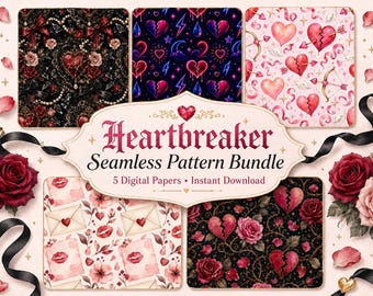 Broken Heart Seamless Pattern Bundle, Gothic Romance Valentine Digital Paper, 5 Heartbreaker Designs