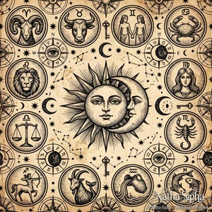 May include: A vintage-style parchment illustration featuring a central sun and moon face surrounded by twelve circular zodiac signs, including Aries, Taurus, Gemini, Cancer, Leo, Virgo, Libra, Scorpio, Sagittarius, Capricorn, Aquarius, and Pisces.