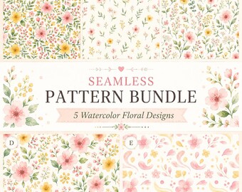 Watercolor Floral Seamless Pattern Bundle, Pastel Spring Botanical Designs (Digital Download)