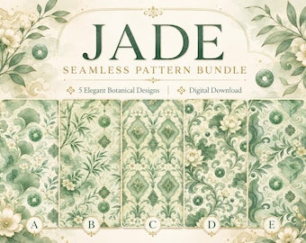Jade Green Seamless Pattern Bundle, Botanical Watercolor Digital Paper, Lotus Bamboo Floral, 5 Designs