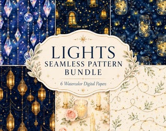 Watercolor Lights Seamless Pattern Bundle, 6 Night Glow Digital Papers for Fabric & Scrapbooking