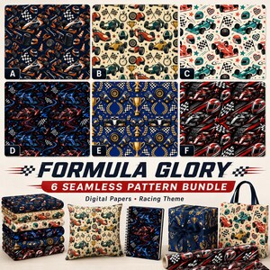 May include: A digital paper bundle titled Formula Glory featuring six seamless patterns with racing cars, checkered flags, trophies, and helmets. The collection includes various colour palettes like dark blue, cream, and red, displayed on fabric, notebooks, and gift wrap.