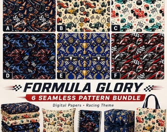 Formula Glory Seamless Pattern Bundle, 6 Racing Digital Papers (Digital Download)