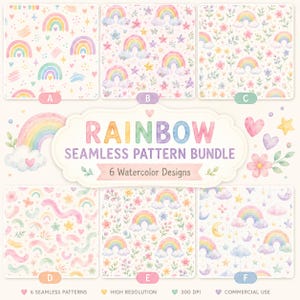 Op de afbeelding: Een digitale collectie van zes naadloze aquarelpatronen met regenbogen, wolken, sterren, harten en bloemen. De centrale tekst luidt RAINBOW SEAMLESS PATTERN BUNDLE 6 Watercolor Designs, met labels A tot en met F voor elk patroon.
