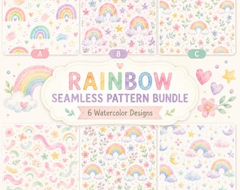 Pastel Watercolor Rainbow Seamless Pattern Bundle, Nursery Floral Background (6 Designs)