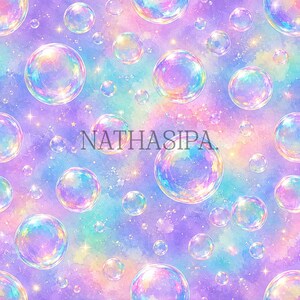 May include: A seamless pattern featuring iridescent, translucent bubbles of varying sizes scattered across a vibrant, watercolour-style background of blended purple, pink, and blue hues with small sparkling stars and the text NATHASIPA.