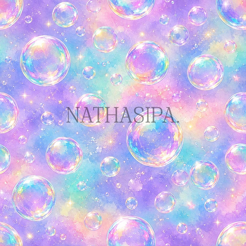 May include: A seamless pattern featuring iridescent, translucent bubbles of varying sizes scattered across a vibrant, watercolour-style background of blended purple, pink, and blue hues with small sparkling stars and the text NATHASIPA.
