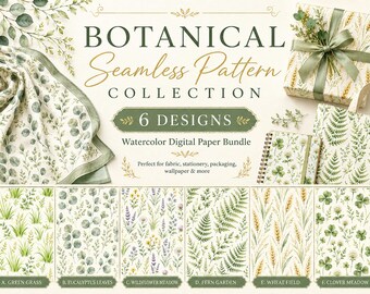 Watercolor Botanical Seamless Pattern Bundle, 6 Nature Digital Papers, Floral & Meadow Repeat Designs