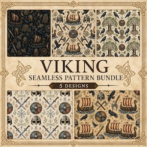 Può includere: Una collezione digitale intitolata VIKING SEAMLESS PATTERN BUNDLE 5 DESIGNS che presenta cinque motivi ripetitivi distinti. I design includono illustrazioni di navi vichinghe, elmi, asce, spade, scudi, corvi e alberi su sfondi color pergamena.