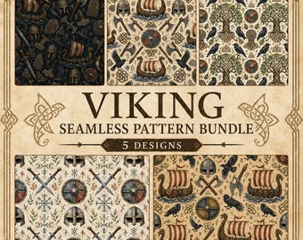 Viking Seamless Pattern Bundle, Norse Runes Longship Raven Watercolor (Digital Download)