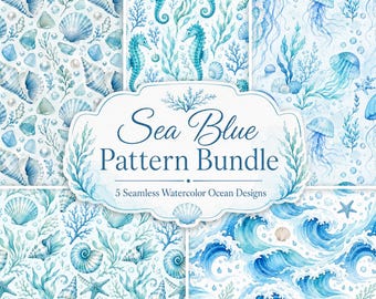 Ocean Seamless Pattern Bundle, Blue Watercolor Digital Paper, Coastal Scrapbook Designs (Digital Download)