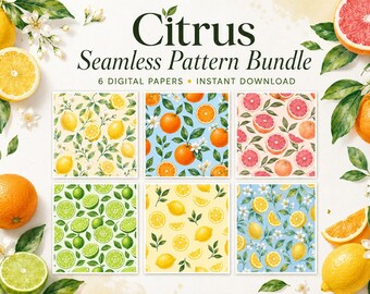 Watercolor Citrus Seamless Pattern Bundle, Lemon Orange Lime Grapefruit Digital Paper (6 Designs)